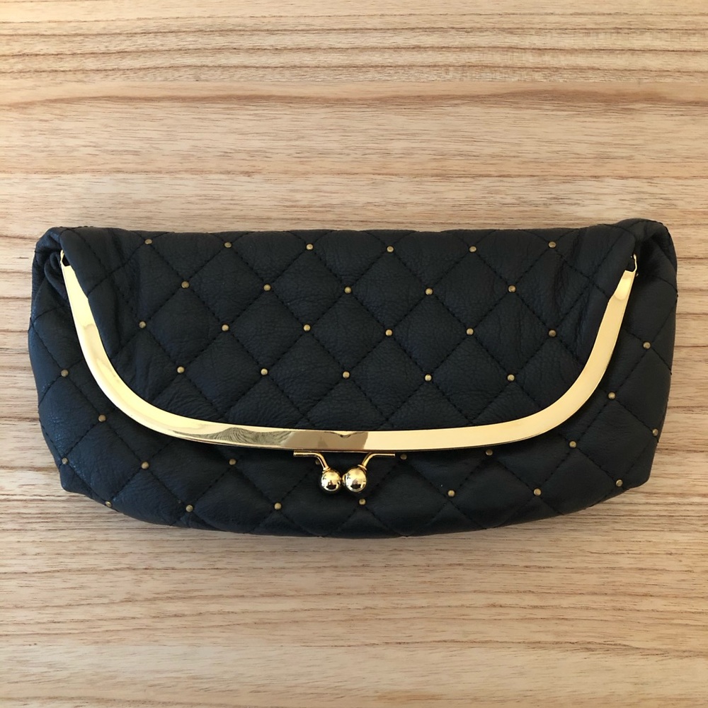 Gorjana Gold Studded Black Leather Quilted Clutch